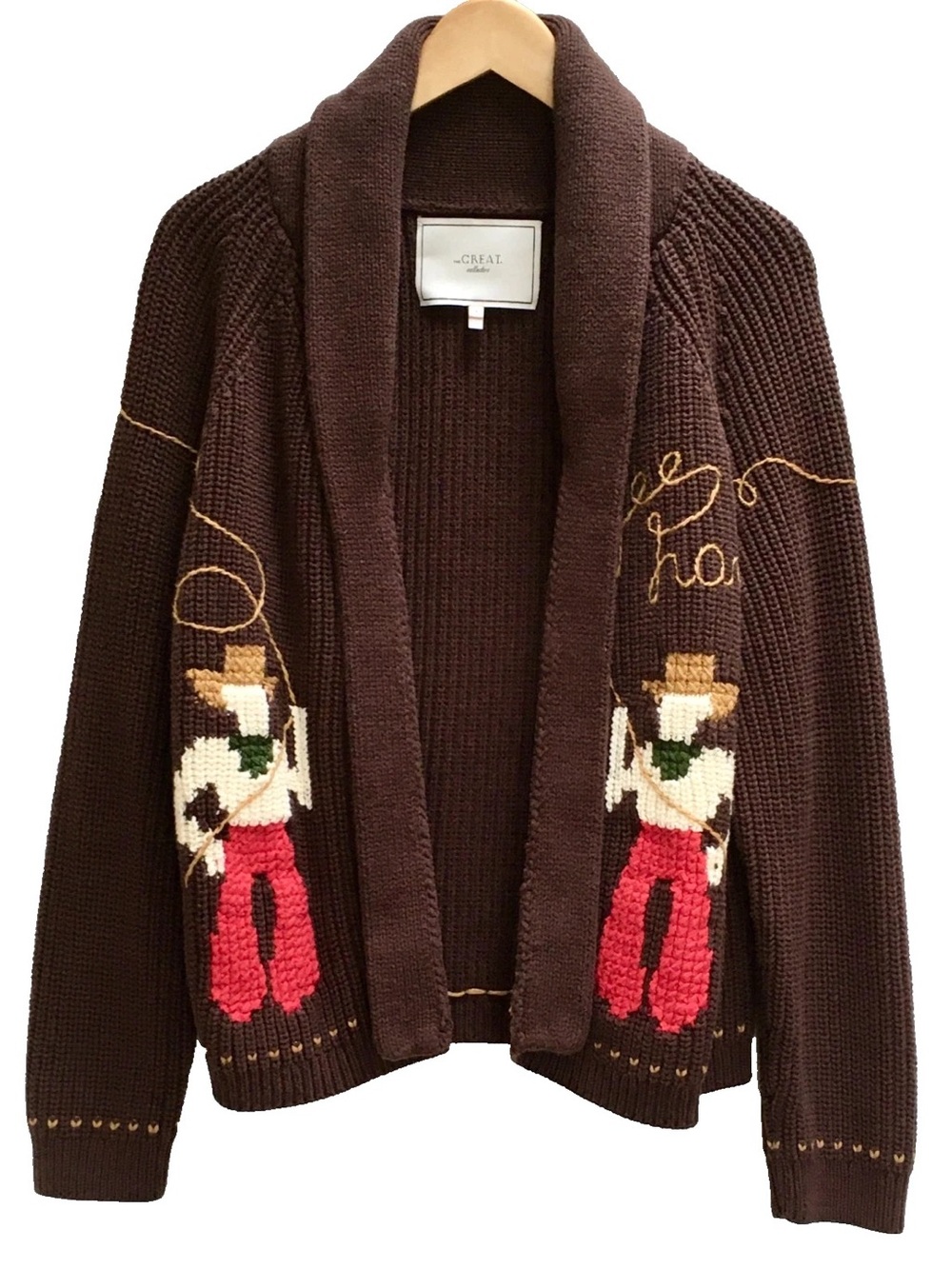 THE GREAT. THE LASSO LODGE CARDIGAN UMBER $450.
SIZE 3